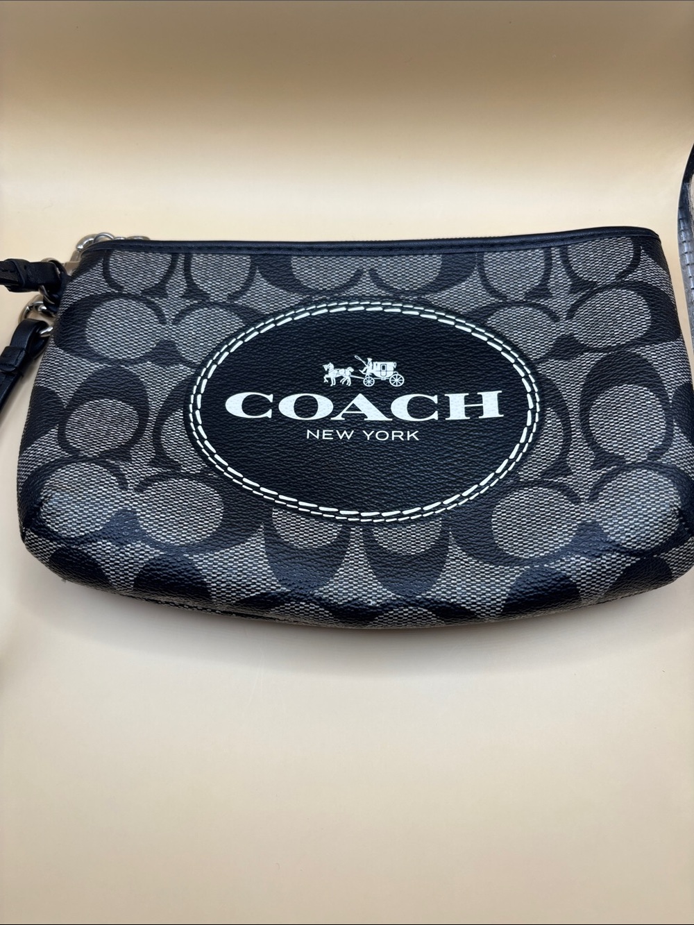 Coach New York Horse And Carriage Black and Gray Signature Logo Wristlet